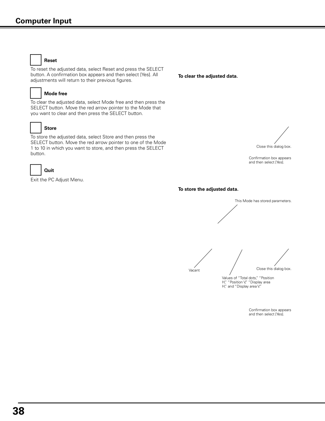 Sanyo PDG-DHT8000L owner manual Reset, Mode free, Store, Quit, To clear the adjusted data, To store the adjusted data 