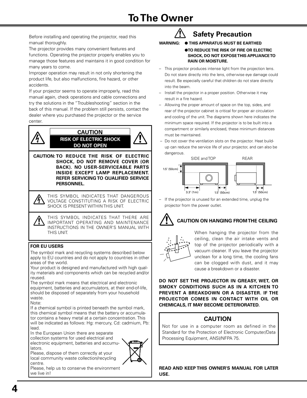 Sanyo PDG-DHT8000L owner manual To The Owner, For EU Users 