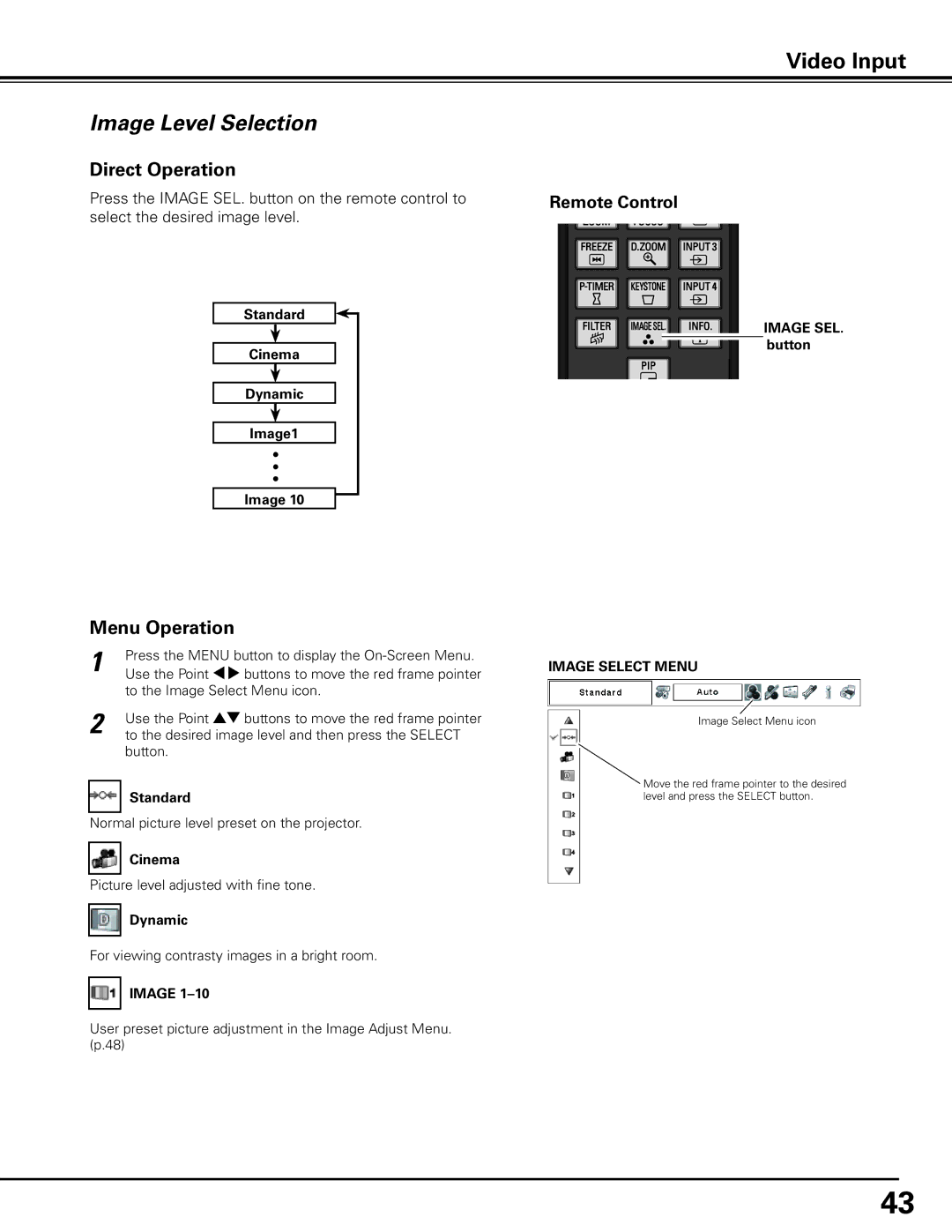 Sanyo PDG-DHT8000L owner manual Image Level Selection, Standard Cinema Dynamic Image1 Image SEL.. button 