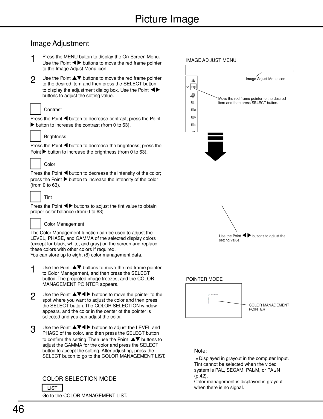 Sanyo PDG-DHT8000L owner manual Picture Image, Image Adjustment, List, Image Adjust Menu, Pointer Mode 