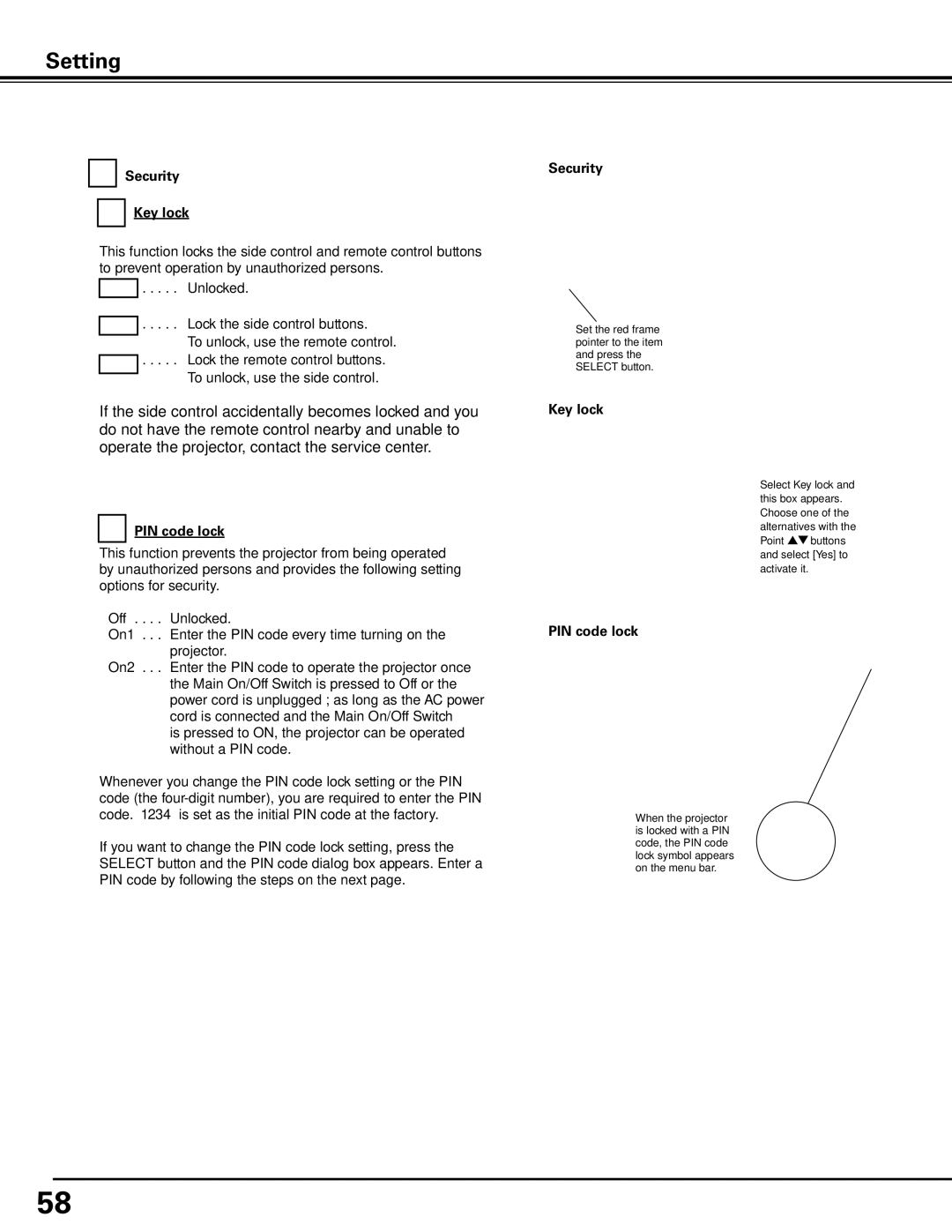 Sanyo PDG-DHT8000L owner manual Security Key lock, Key lock PIN code lock 