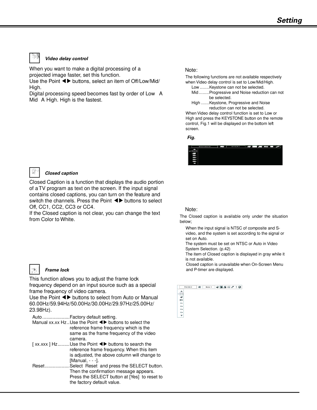 Sanyo PDG-DHT8000L owner manual Video delay control, Closed caption, Frame lock 