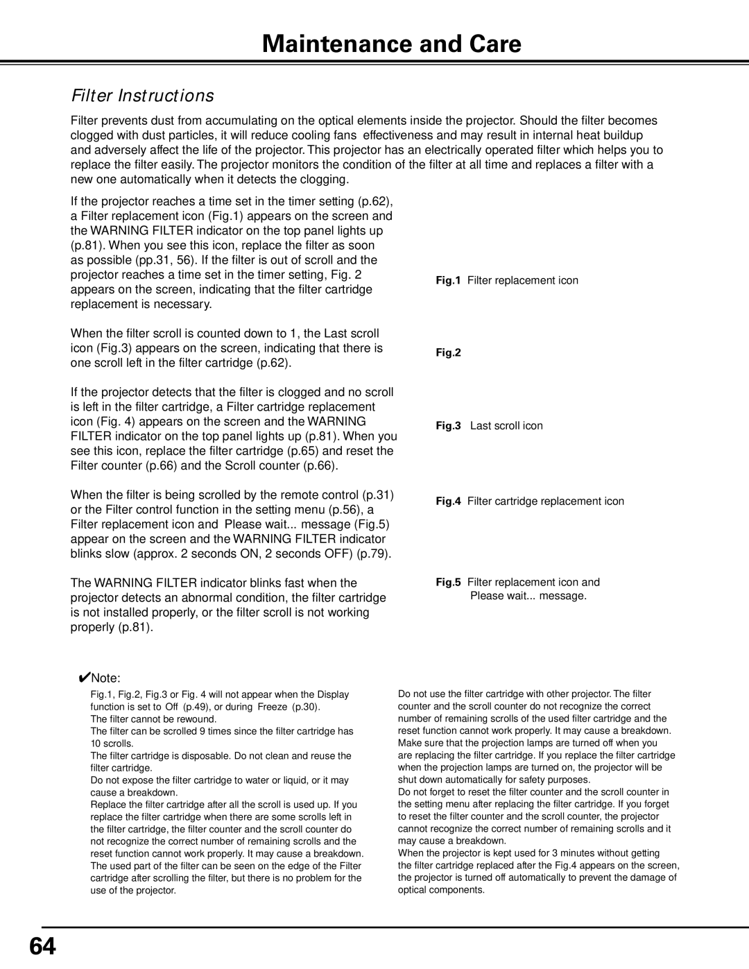 Sanyo PDG-DHT8000L owner manual Maintenance and Care, Filter Instructions 