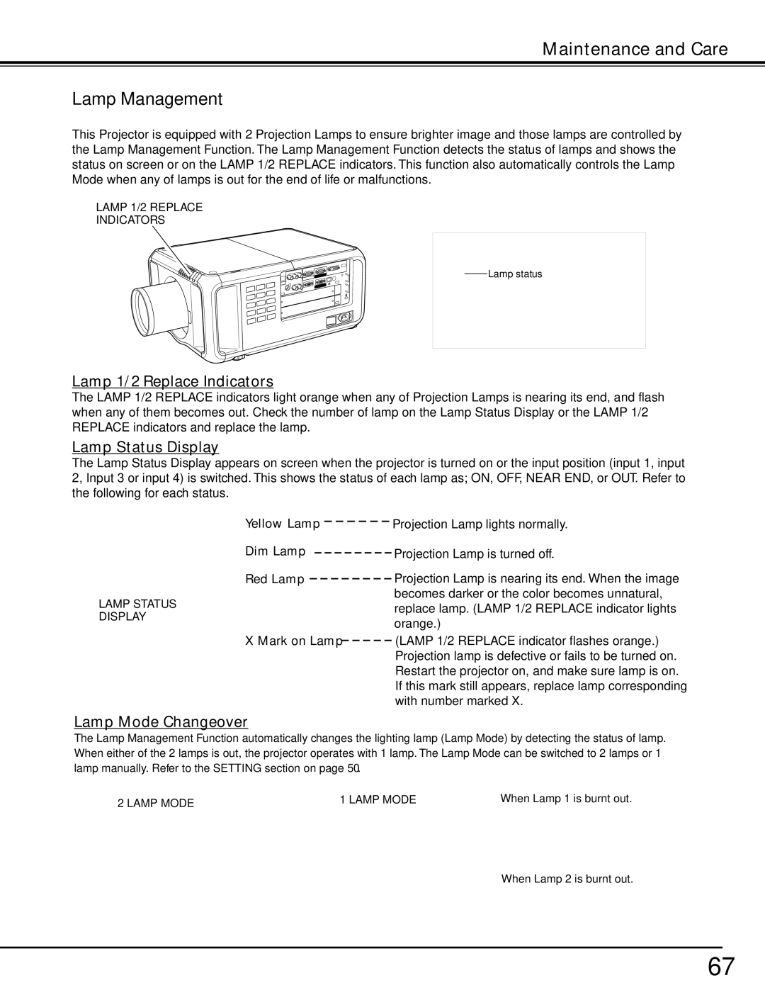 Sanyo PDG-DHT8000L owner manual Lamp Management, Lamp 1/2 Replace Indicators, Lamp Status Display, Lamp Mode Changeover 