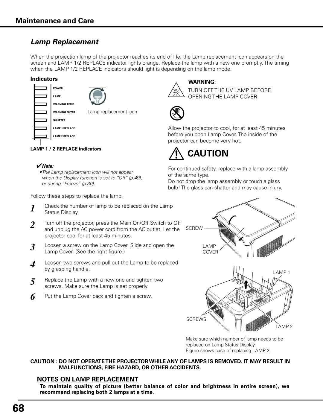 Sanyo PDG-DHT8000L owner manual Lamp Replacement, Indicators, Lamp 1 / 2 Replace indicators 