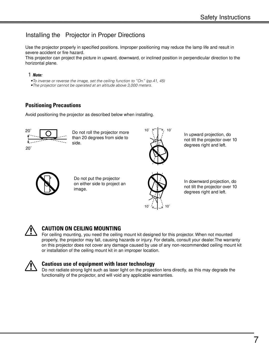 Sanyo PDG-DHT8000L owner manual Installing the Projector in Proper Directions, Positioning Precautions 