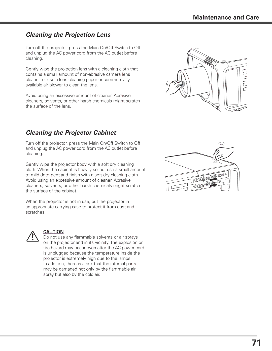 Sanyo PDG-DHT8000L owner manual Cleaning the Projection Lens, Cleaning the Projector Cabinet 