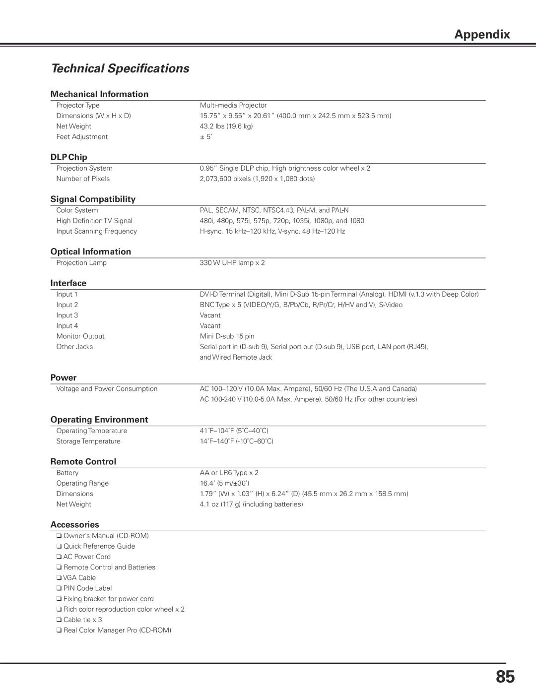 Sanyo PDG-DHT8000L owner manual Technical Specifications 