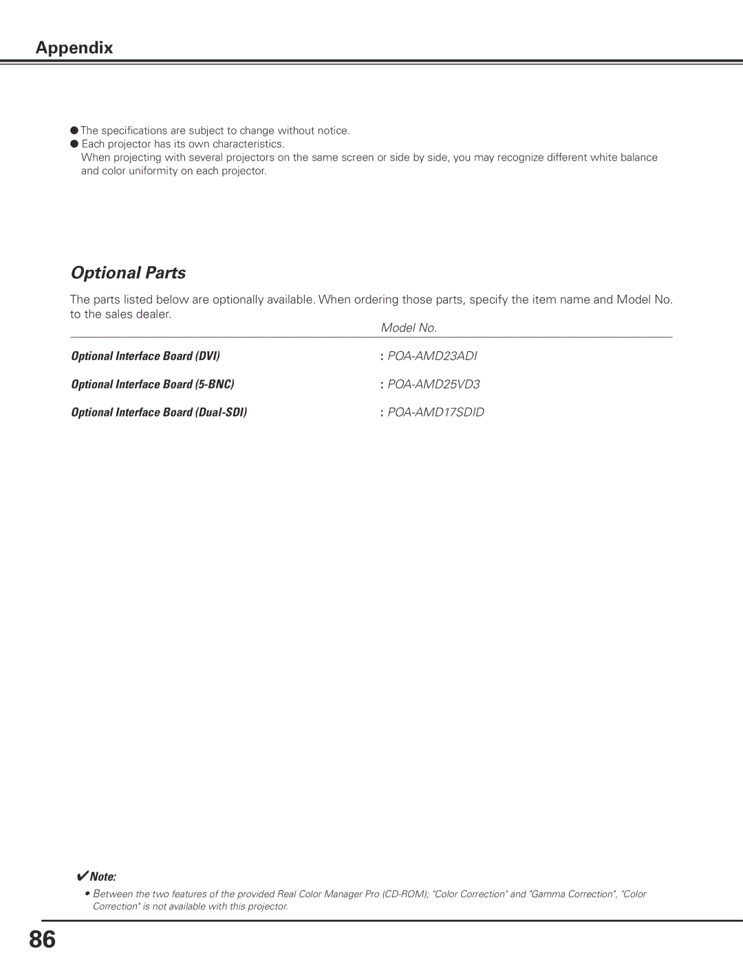 Sanyo PDG-DHT8000L owner manual Optional Parts, POA-AMD17SDID 