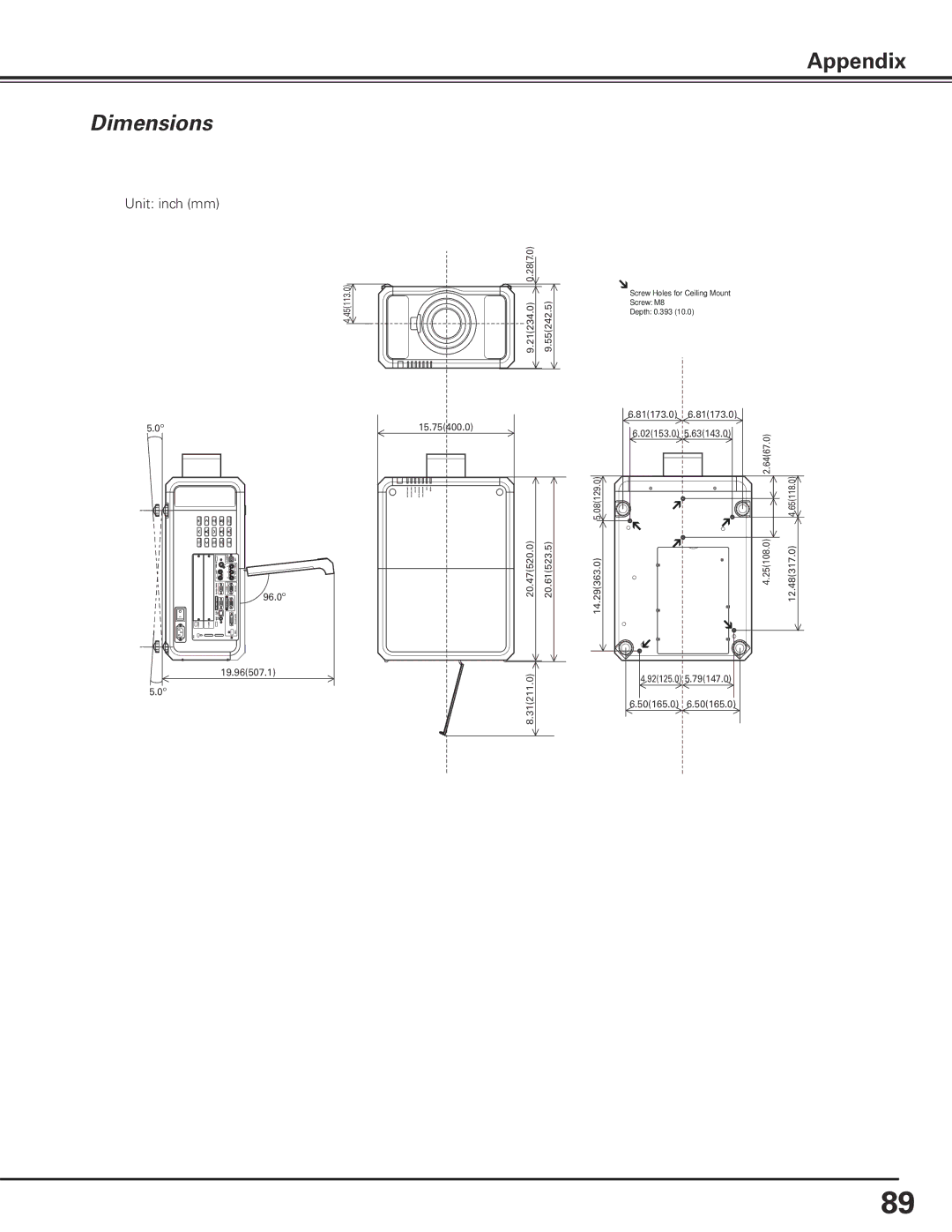 Sanyo PDG-DHT8000L owner manual Dimensions, Unit inch mm 