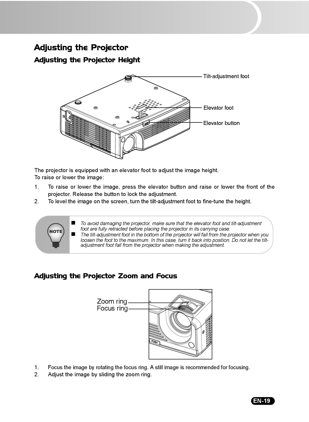 Sanyo PDG-DSU20B, PDG-DSU20N, PDG-DSU20E Adjusting the Projector Height, Adjusting the Projector Zoom and Focus, EN-19 