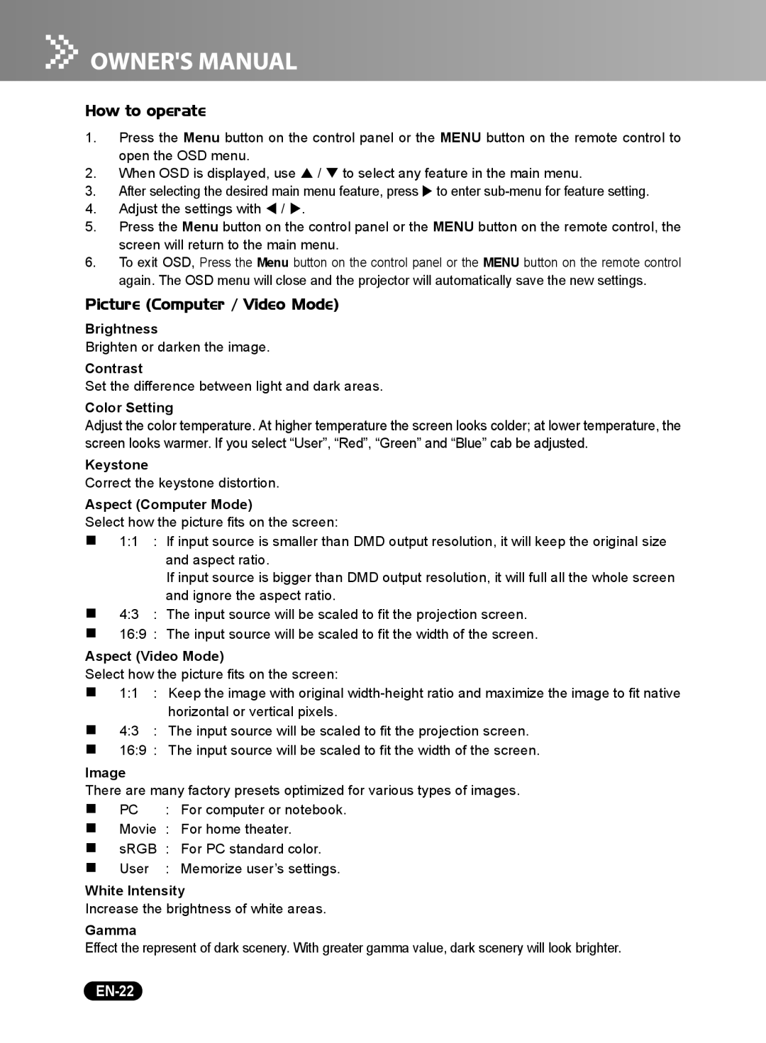 Sanyo PDG-DSU20B, PDG-DSU20N, PDG-DSU20E owner manual How to operate, Picture Computer / Video Mode, EN-22 