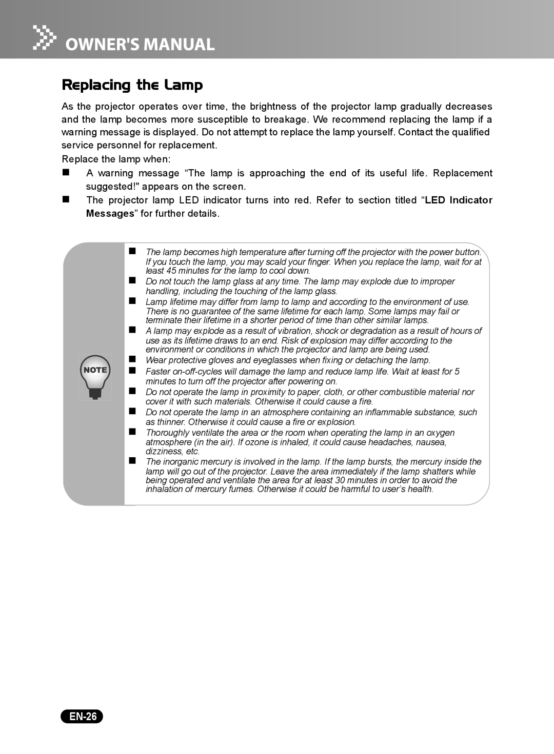 Sanyo PDG-DSU20N, PDG-DSU20E, PDG-DSU20B owner manual Replacing the Lamp, EN-26 