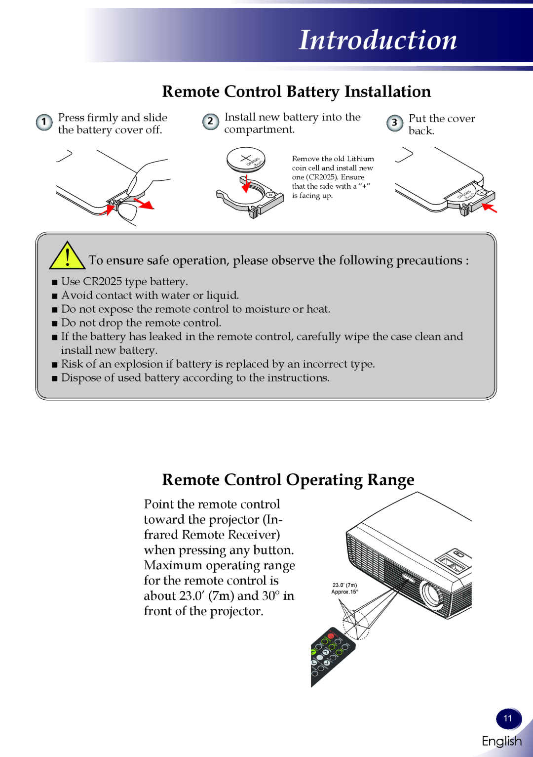 Sanyo PDG-DSU30 owner manual Remote Control Battery Installation, Remote Control Operating Range 