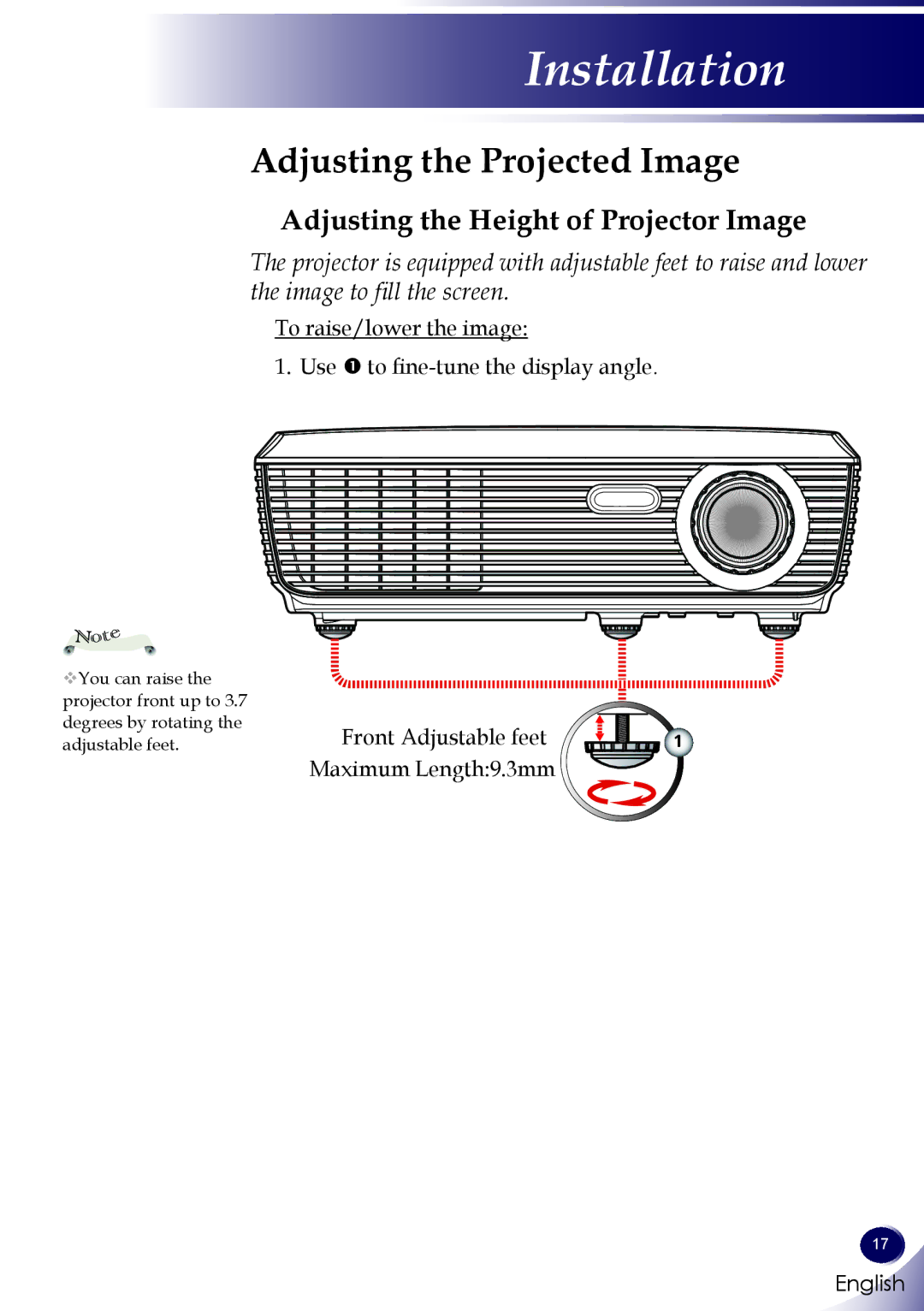 Sanyo PDG-DSU30 owner manual Adjusting the Projected Image, Adjusting the Height of Projector Image 