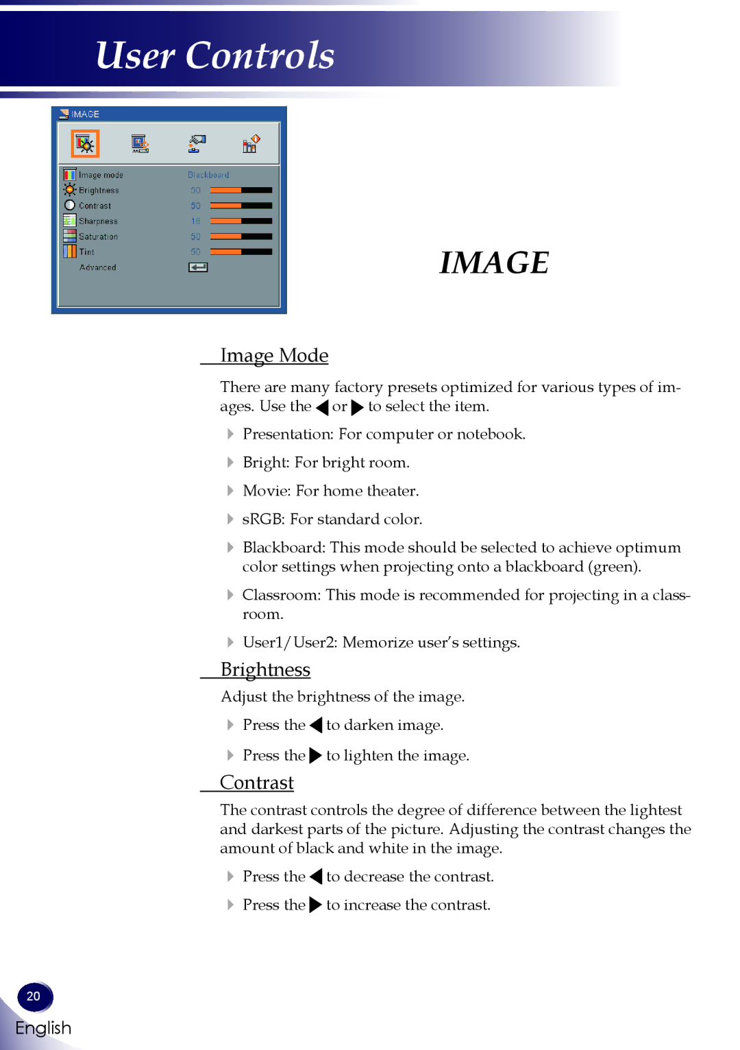 Sanyo PDG-DSU30 owner manual Image Mode, Brightness, Contrast 