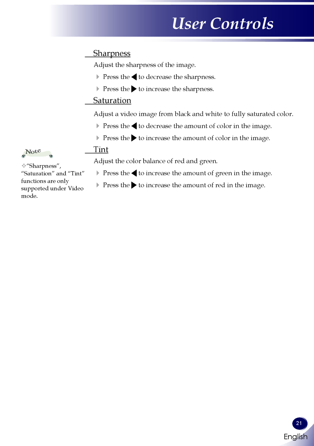 Sanyo PDG-DSU30 owner manual Sharpness, Saturation, Tint 