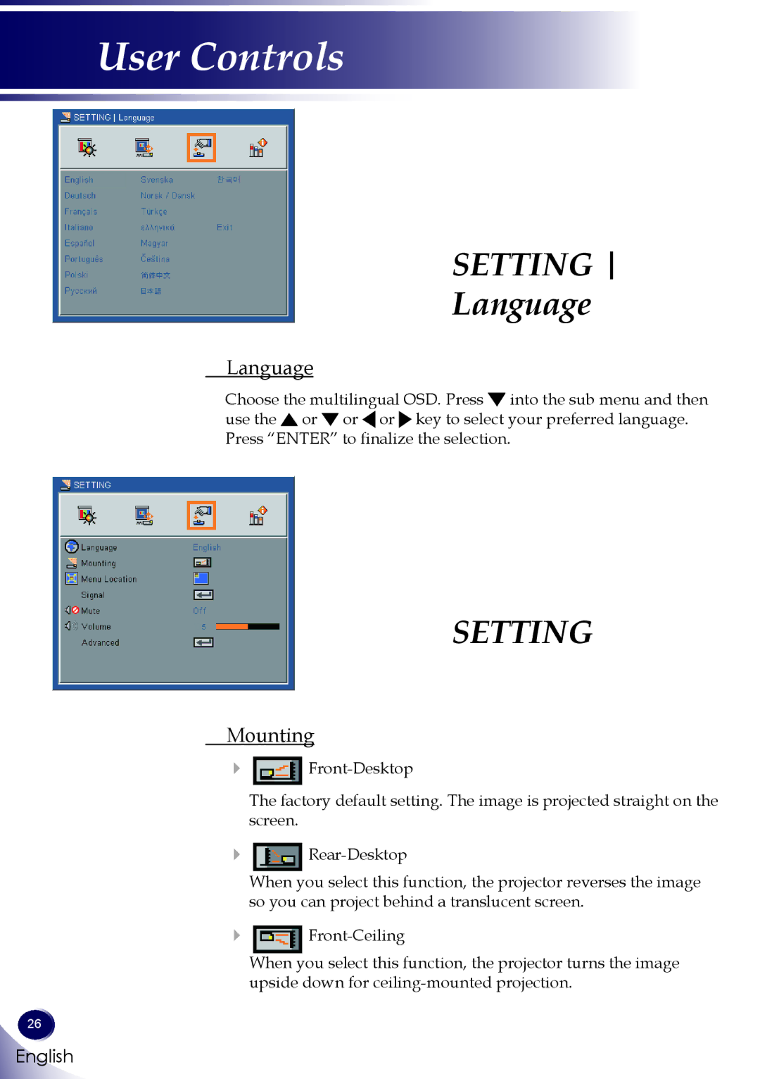 Sanyo PDG-DSU30 owner manual Language, Mounting 