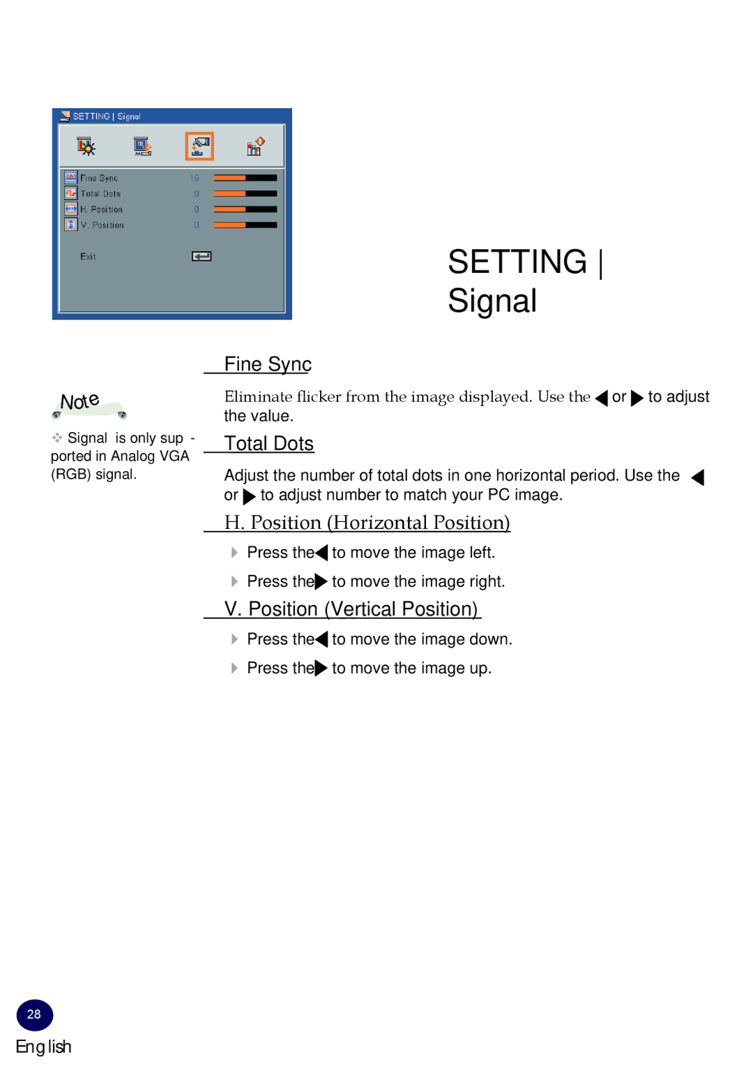 Sanyo PDG-DSU30 owner manual Signal, Fine Sync, Total Dots, Position Horizontal Position, Position Vertical Position 