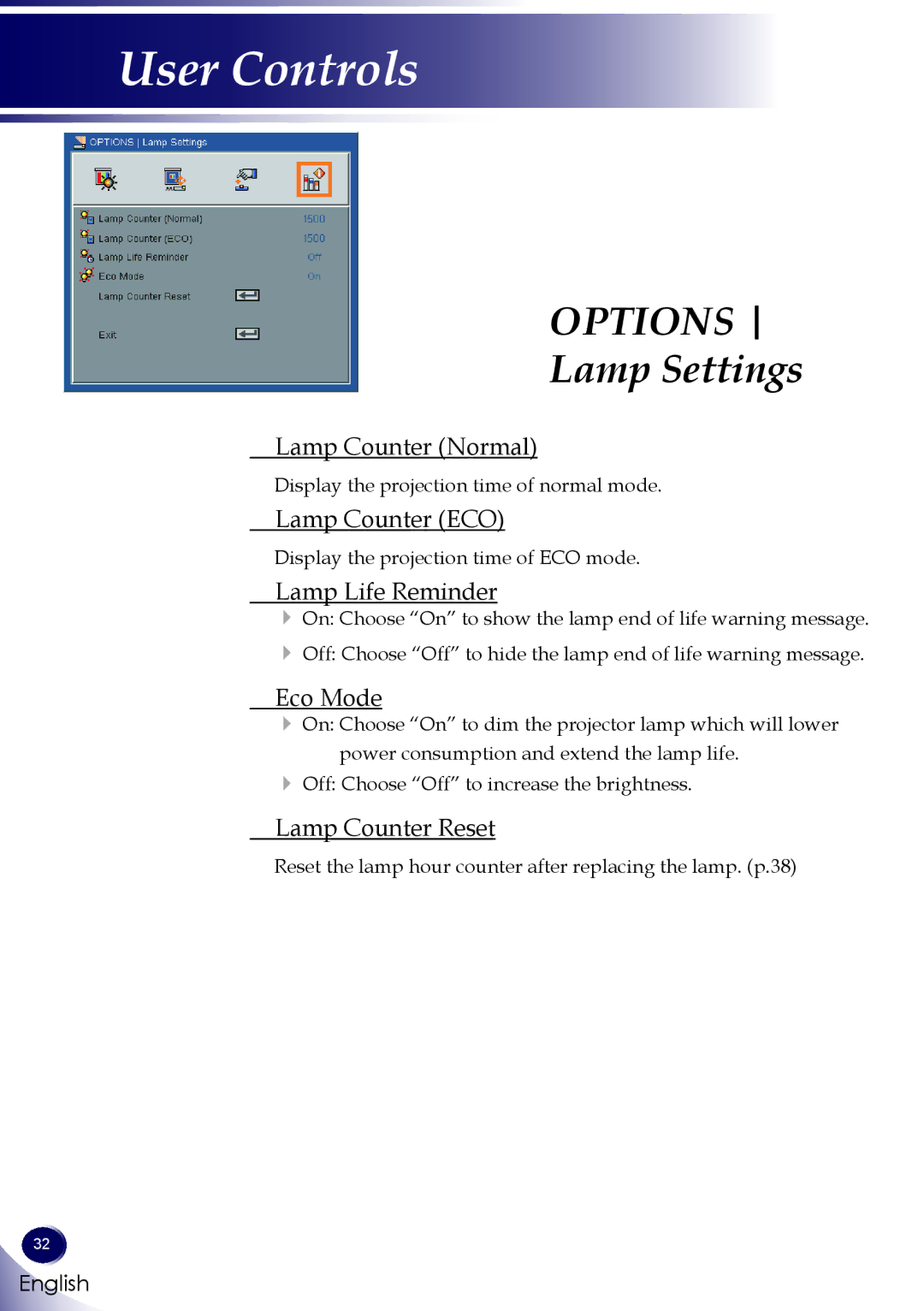 Sanyo PDG-DSU30 owner manual Lamp Settings 