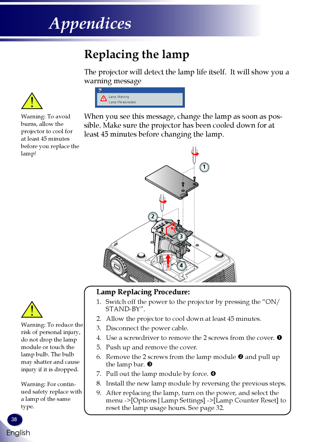 Sanyo PDG-DSU30 owner manual Replacing the lamp, Lamp Replacing Procedure 