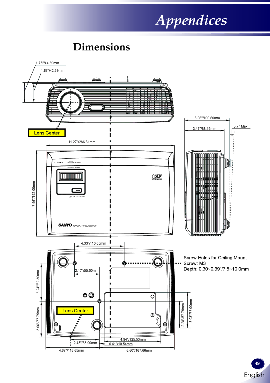 Sanyo PDG-DSU30 owner manual Dimensions 