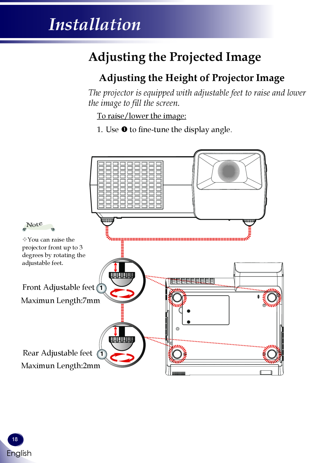 Sanyo PDG-DWL100 owner manual Adjusting the Projected Image, Adjusting the Height of Projector Image, Installation 