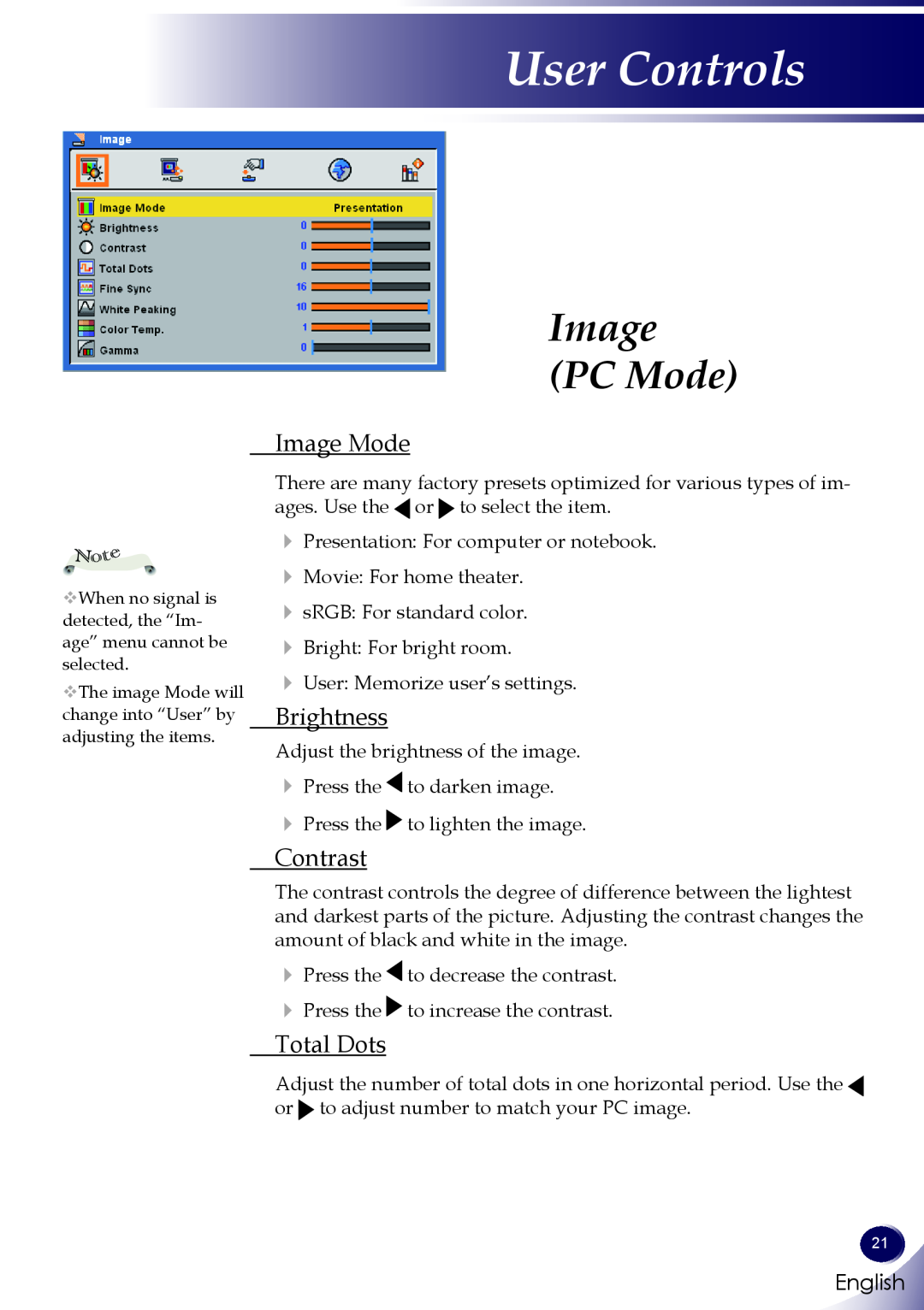 Sanyo PDG-DWL100 owner manual Image PC Mode, Image Mode, Brightness, Contrast, Total Dots, User Controls, English 