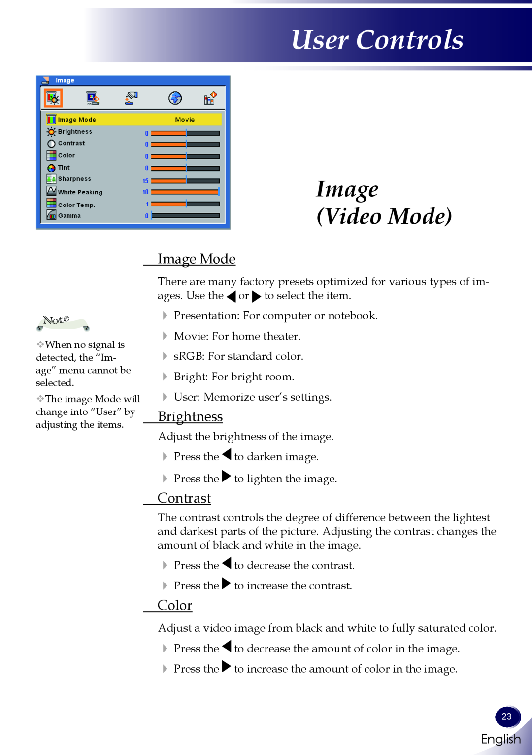 Sanyo PDG-DWL100 owner manual Image Video Mode, Color, User Controls, Image Mode, Brightness, Contrast, English 