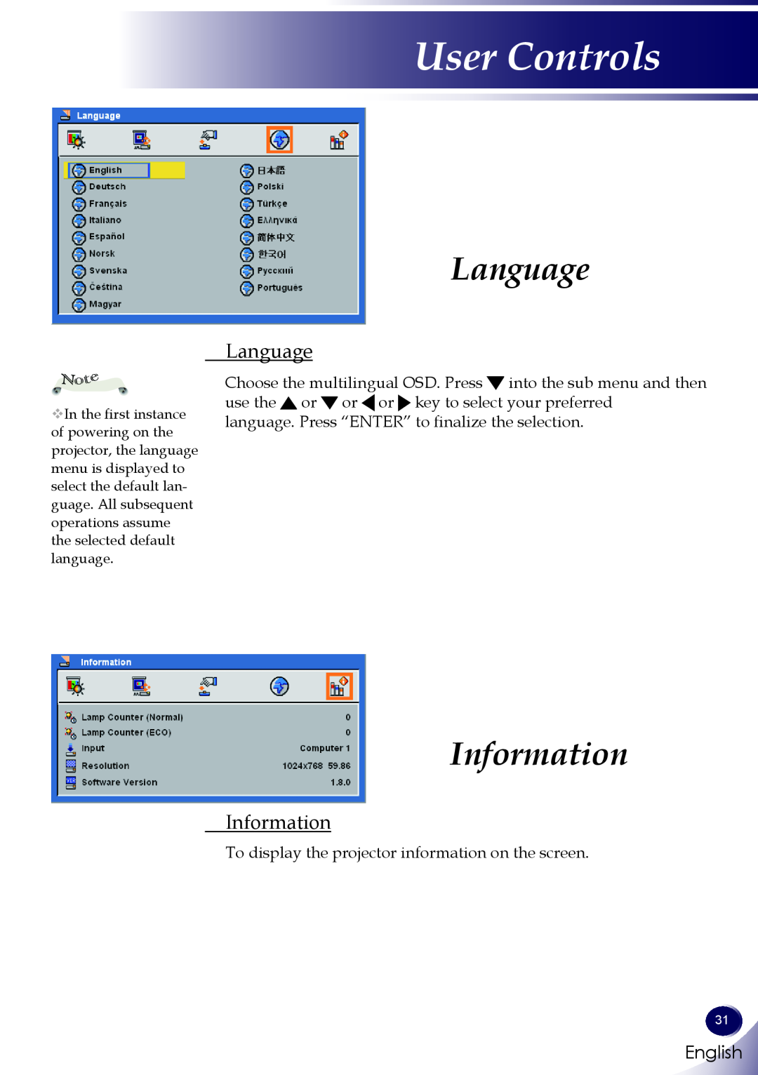 Sanyo PDG-DWL100 owner manual Language, Information, User Controls, English 