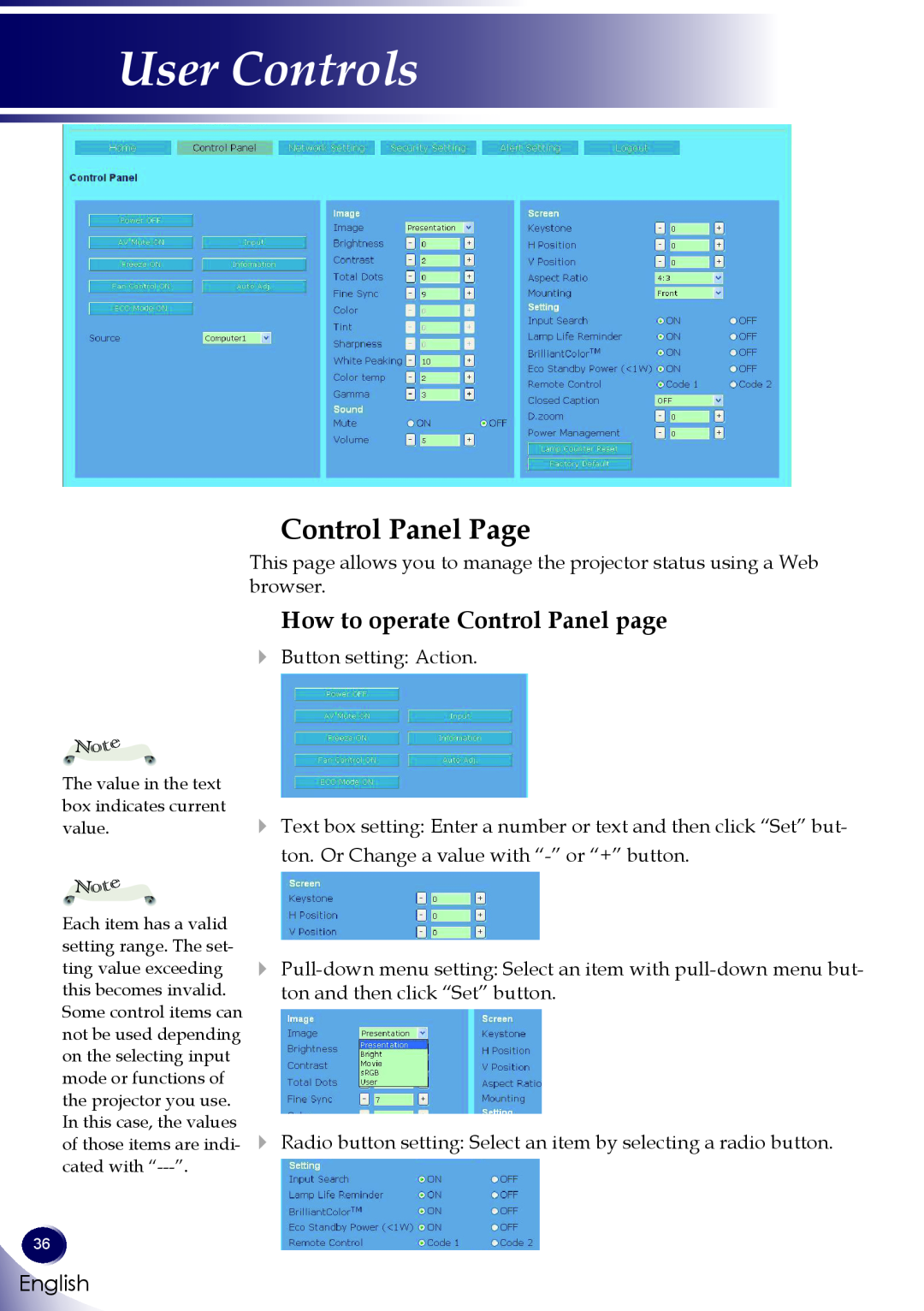 Sanyo PDG-DWL100 owner manual Control Panel Page, User Controls, How to operate Control Panel page 
