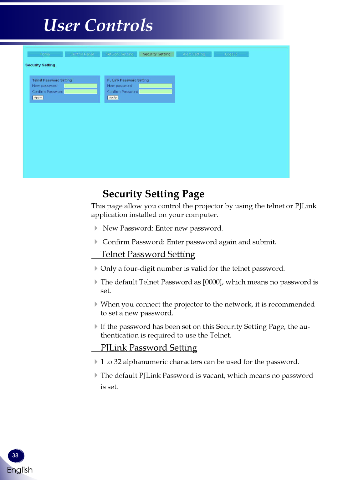 Sanyo PDG-DWL100 owner manual Security Setting Page, Telnet Password Setting, PJLink Password Setting, User Controls 