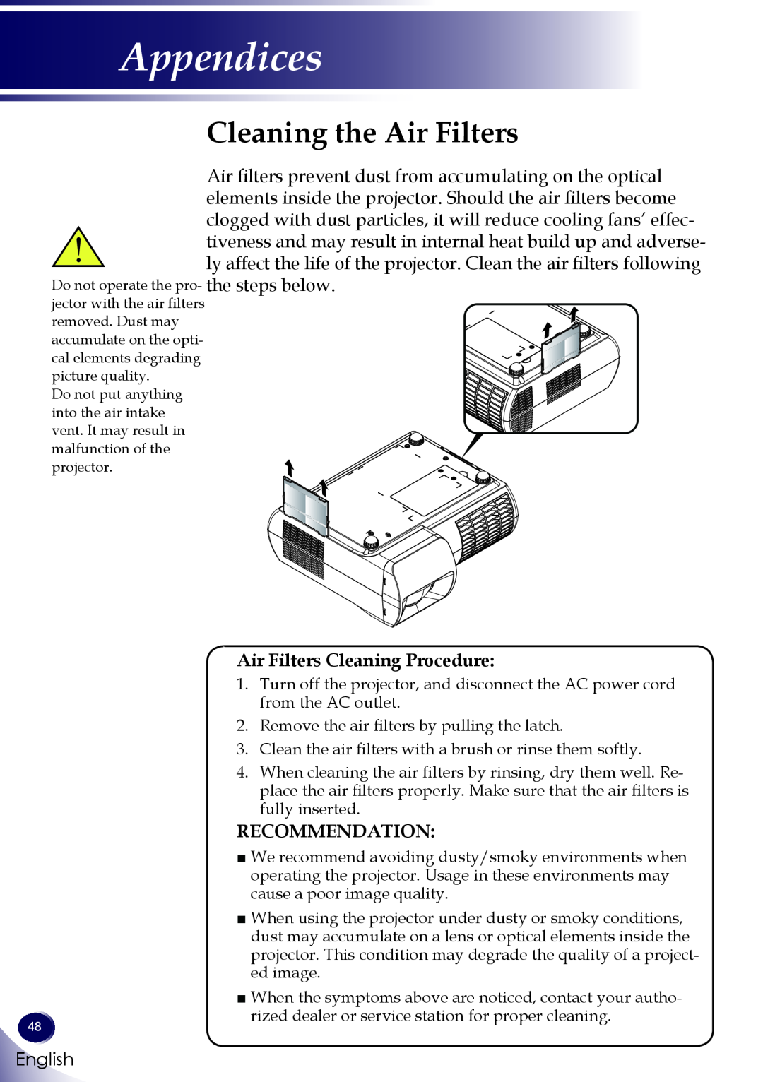 Sanyo PDG-DWL100 owner manual Cleaning the Air Filters, Air Filters Cleaning Procedure, Recommendation, Appendices 