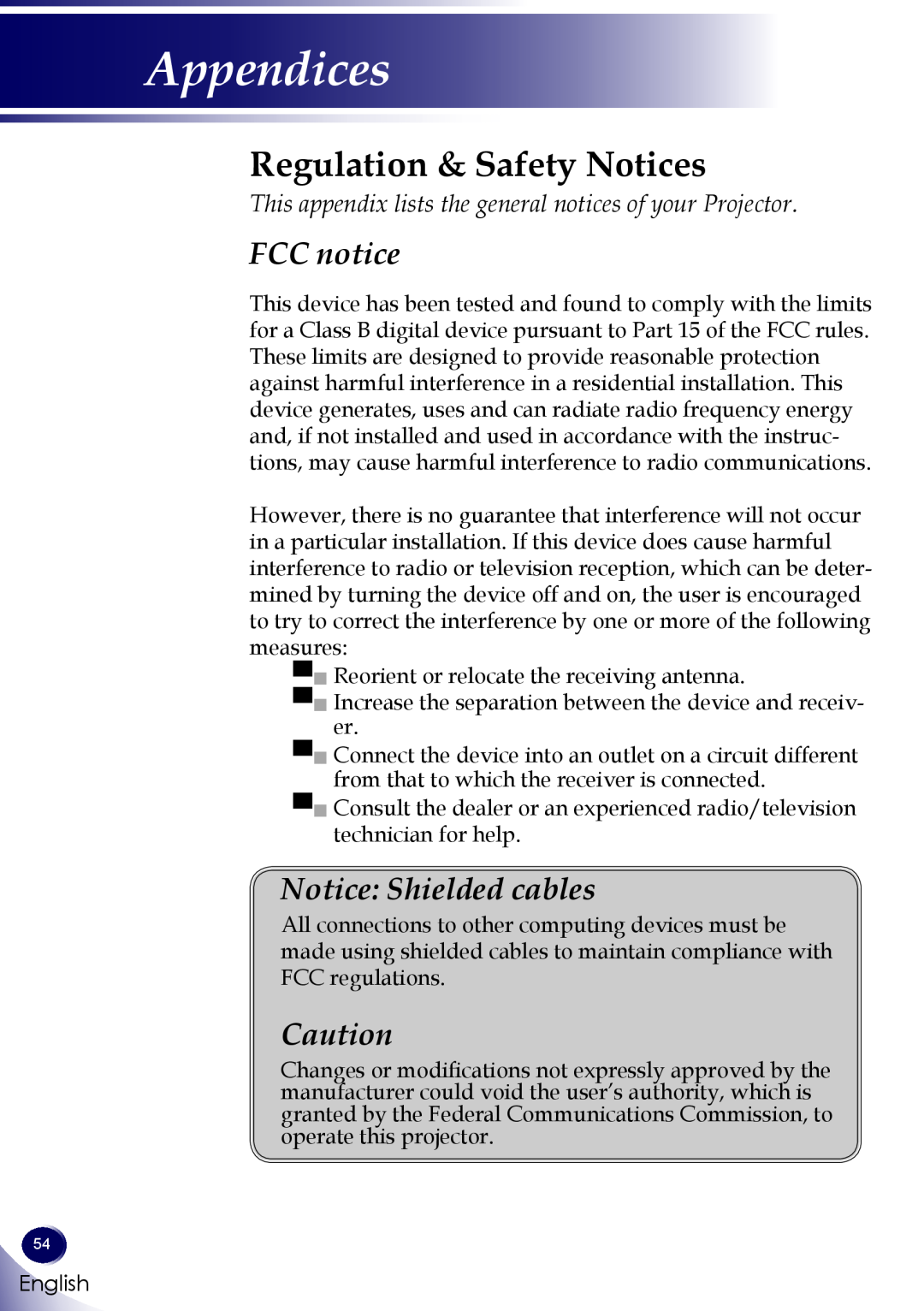 Sanyo PDG-DWL100 owner manual Regulation & Safety Notices, FCC notice, Notice Shielded cables, Appendices 