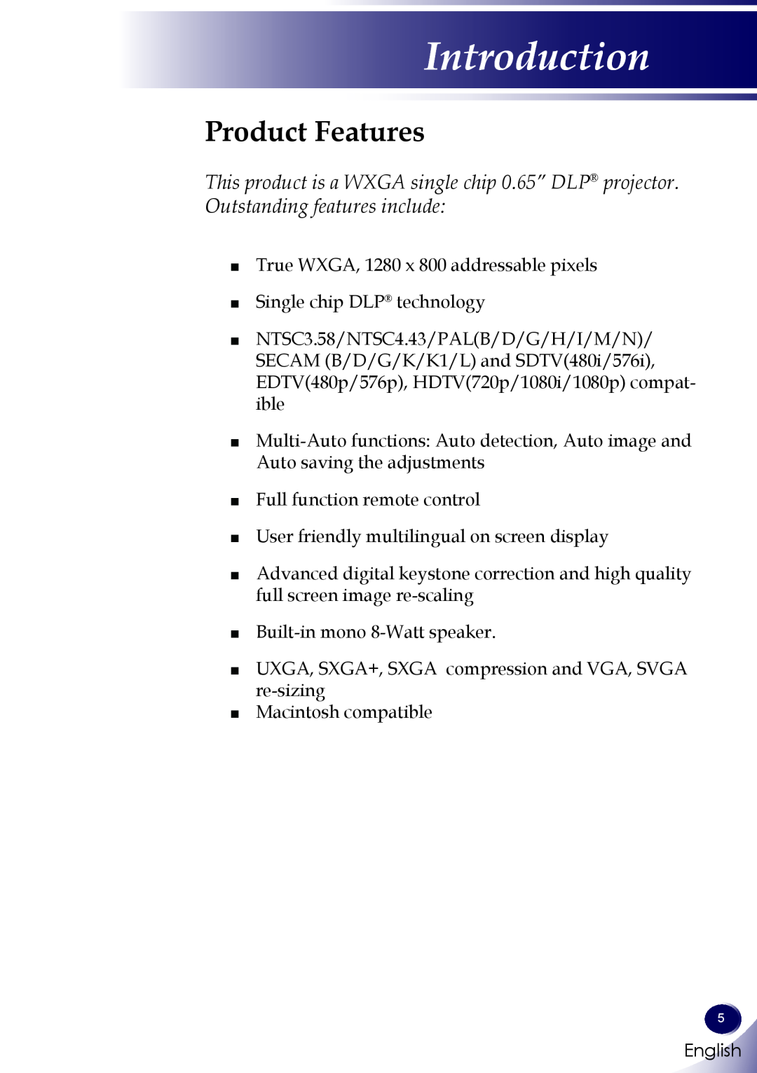 Sanyo PDG-DWL100 owner manual Introduction, Product Features, English 