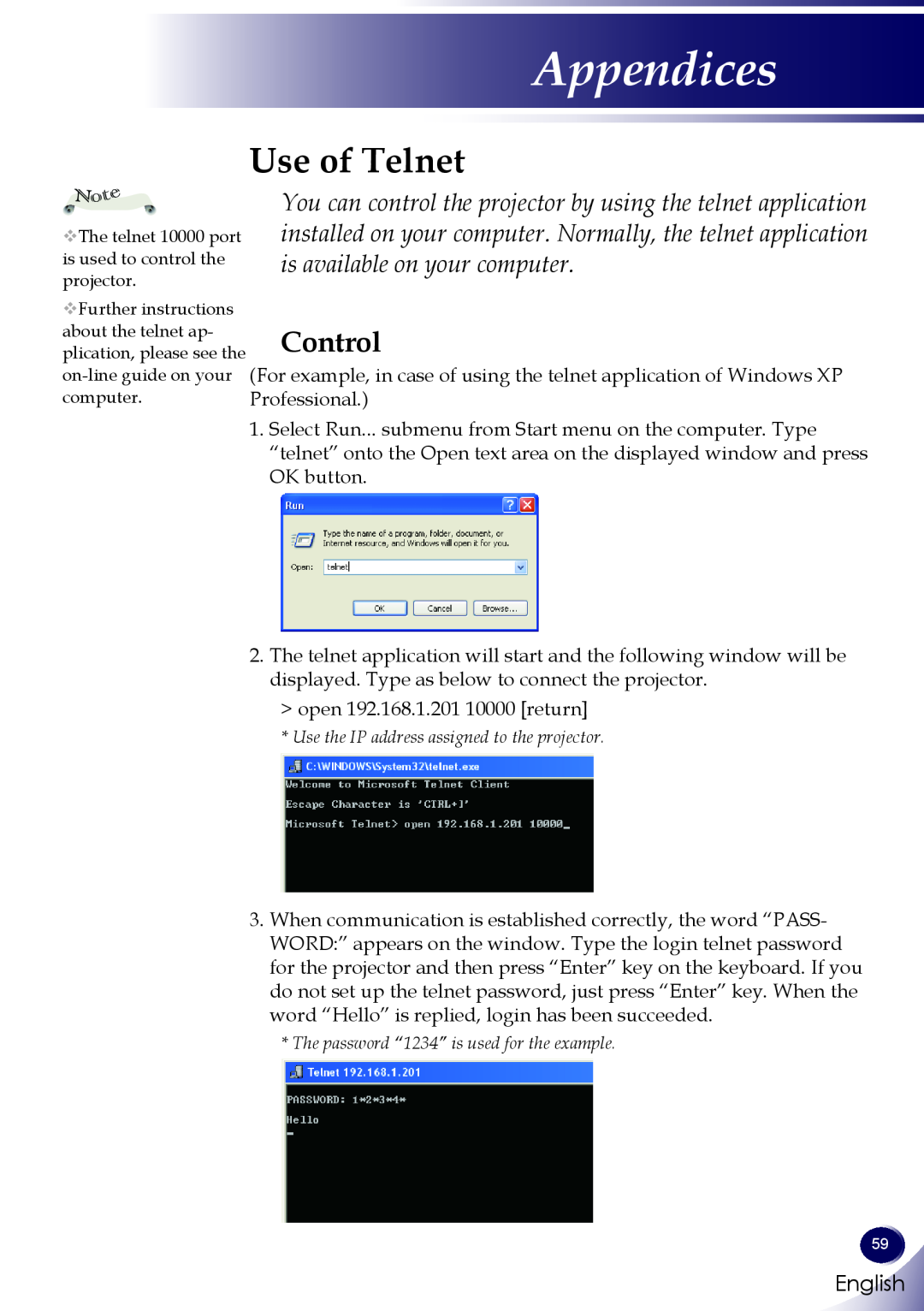 Sanyo PDG-DWL100 owner manual Use of Telnet, Control, Appendices, English 
