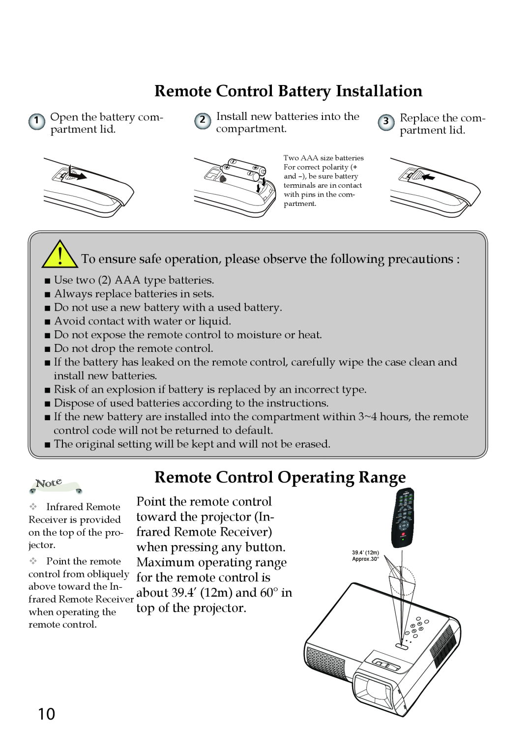 Sanyo PDG-DWL100 owner manual Remote Control Battery Installation, Remote Control Operating Range, Point the remote control 