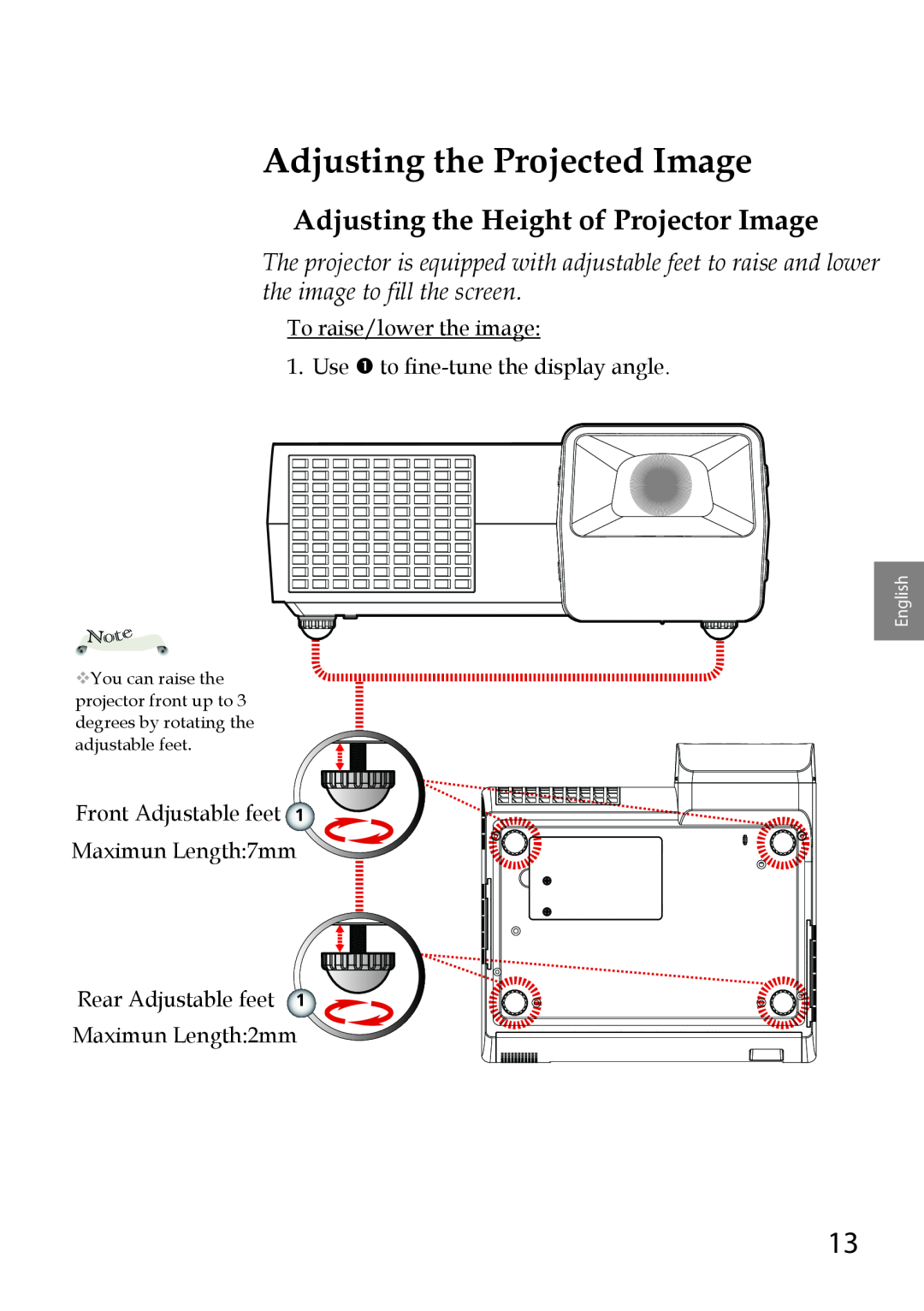 Sanyo PDG-DWL100 owner manual Adjusting the Projected Image, Adjusting the Height of Projector Image, English 