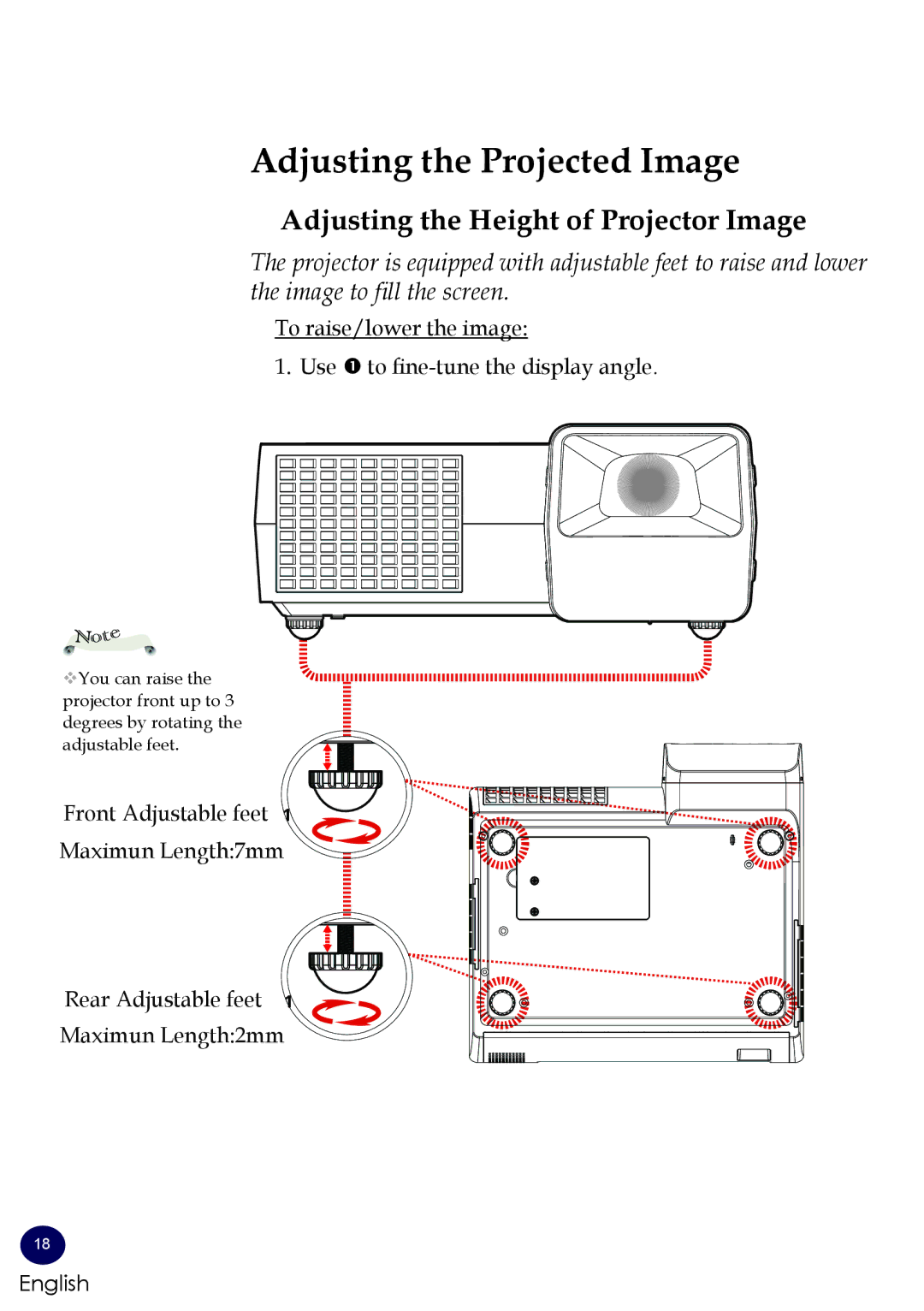 Sanyo PDG-DWL100 owner manual Adjusting the Projected Image, Adjusting the Height of Projector Image 