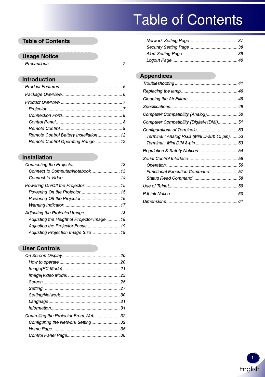 Sanyo PDG-DWL100 owner manual Table of Contents 