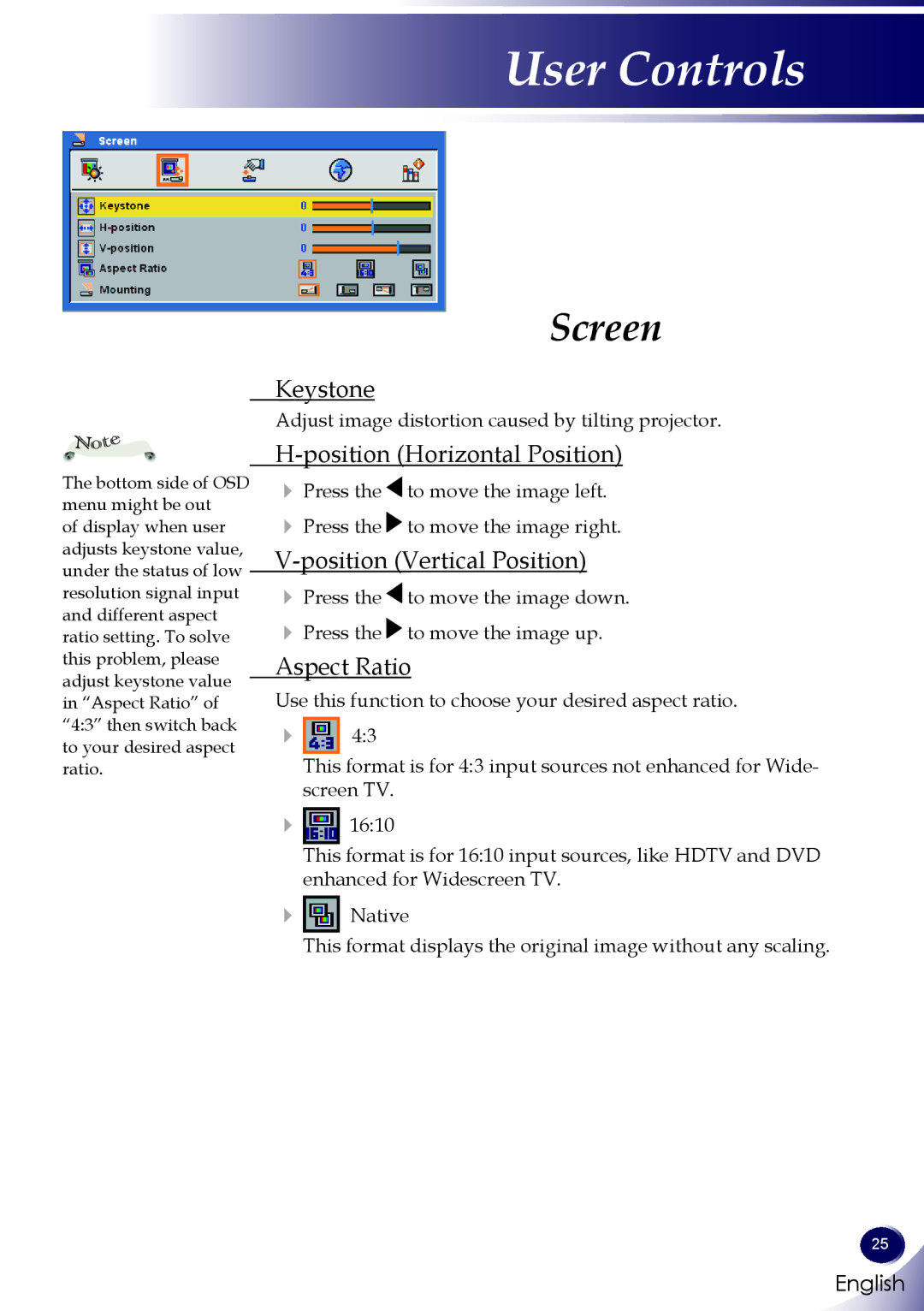 Sanyo PDG-DWL100 owner manual Keystone, Position Horizontal Position, Position Vertical Position, Aspect Ratio 