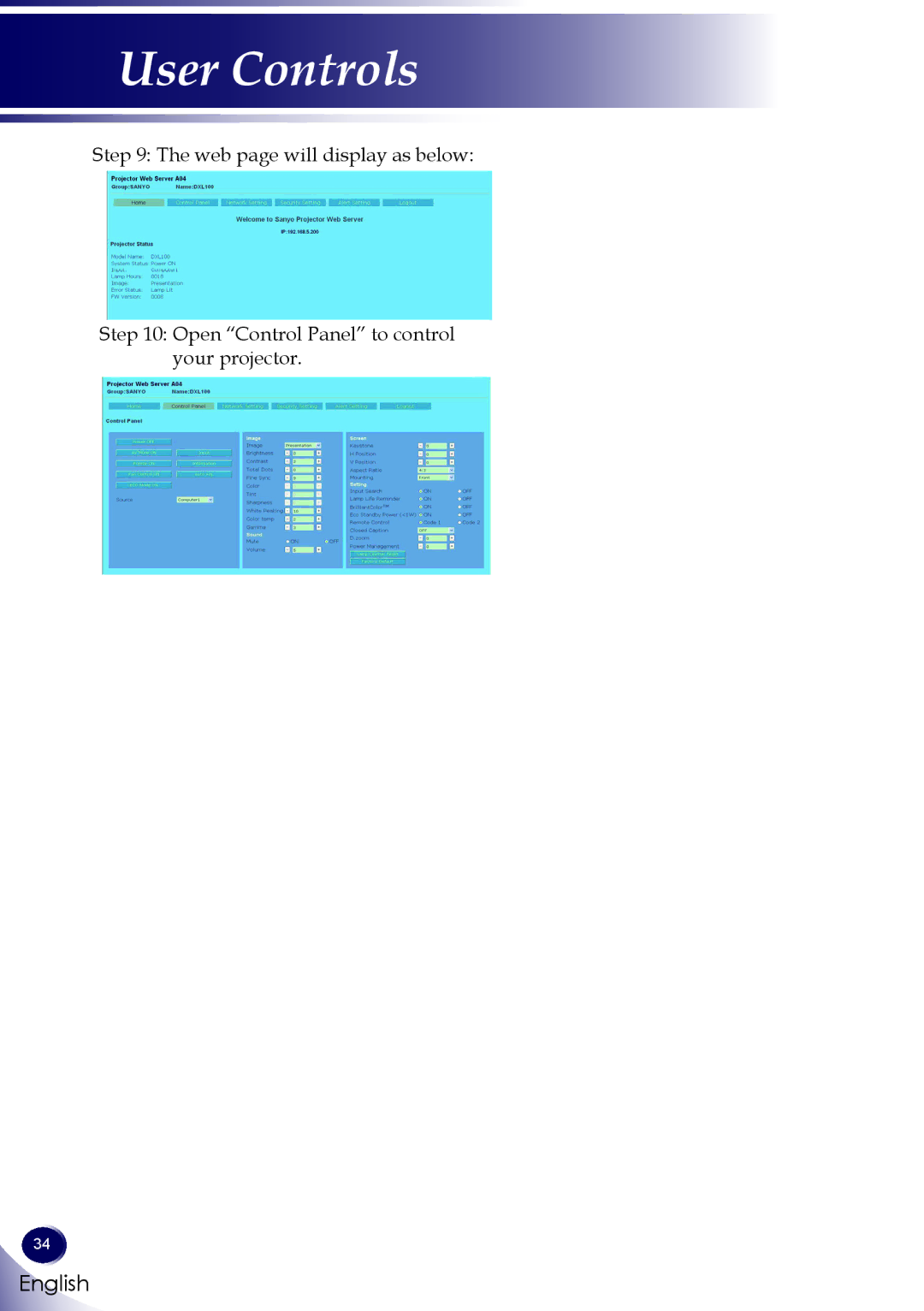 Sanyo PDG-DWL100 owner manual User Controls 