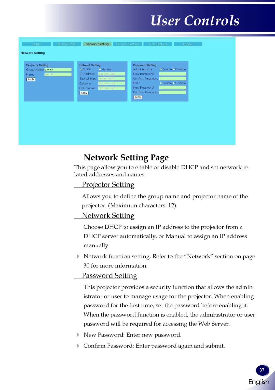 Sanyo PDG-DWL100 owner manual Network Setting, Projector Setting, Password Setting 