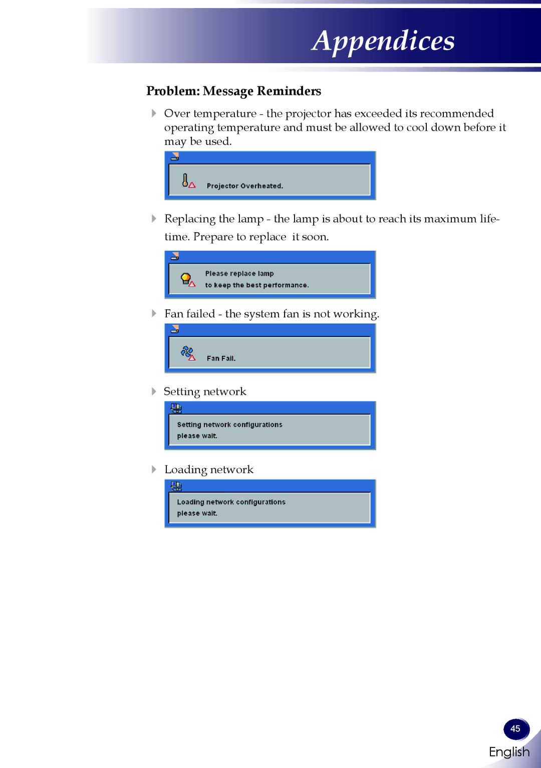 Sanyo PDG-DWL100 owner manual Problem Message Reminders 