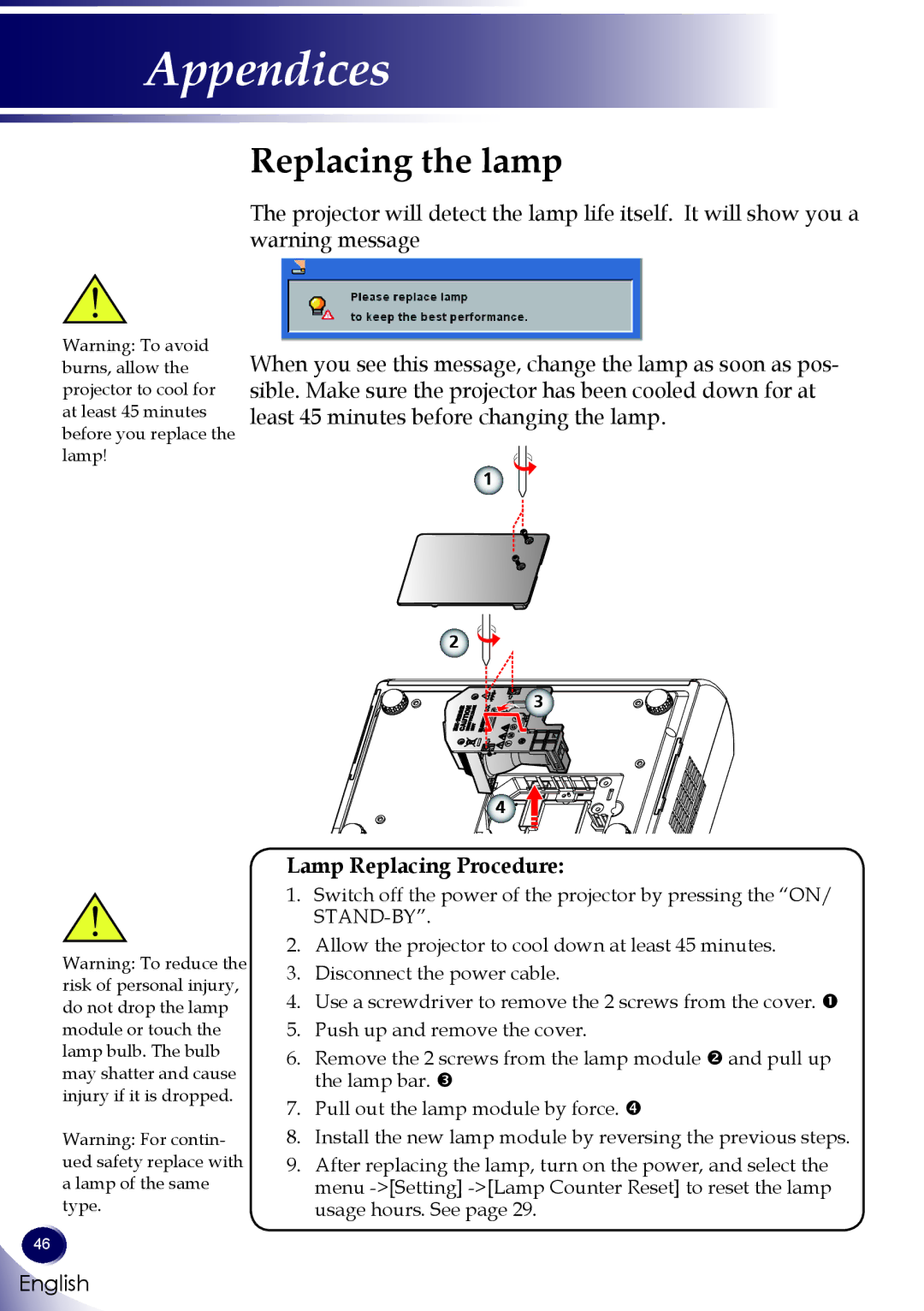 Sanyo PDG-DWL100 owner manual Replacing the lamp, Lamp Replacing Procedure 