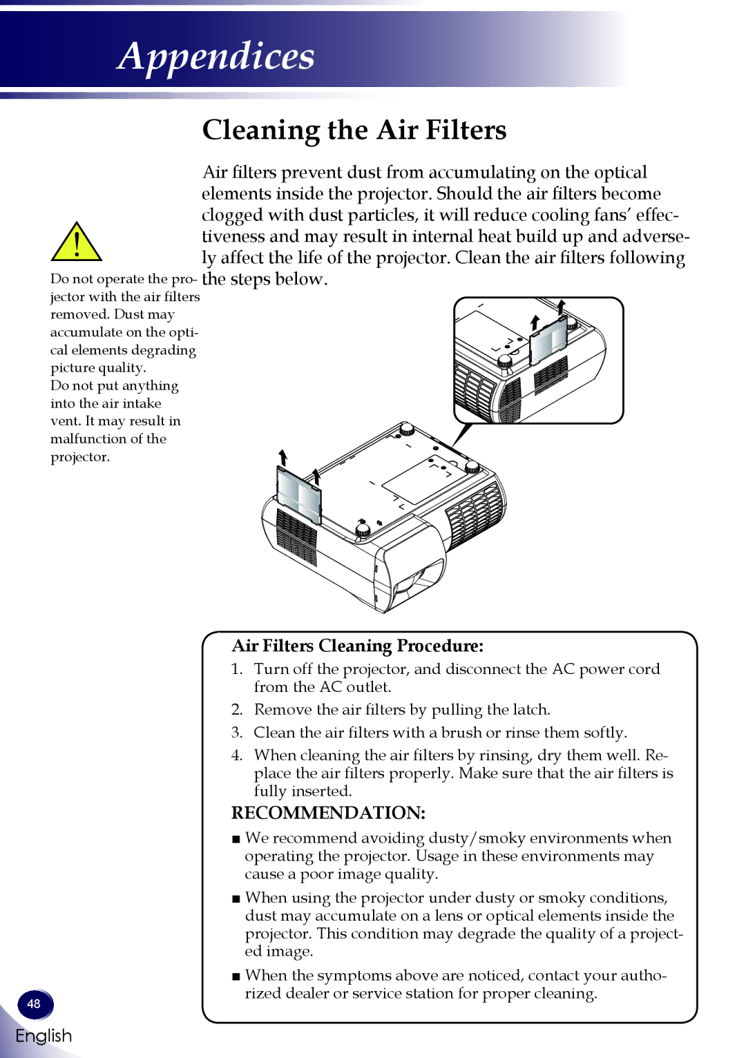 Sanyo PDG-DWL100 owner manual Cleaning the Air Filters, Air Filters Cleaning Procedure 