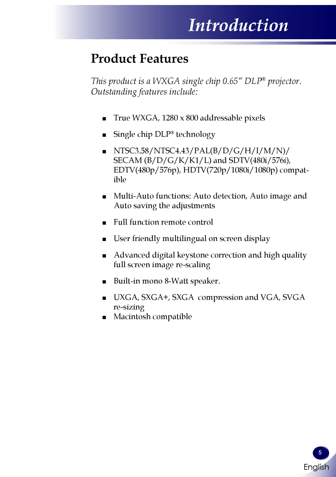 Sanyo PDG-DWL100 owner manual Introduction, Product Features 