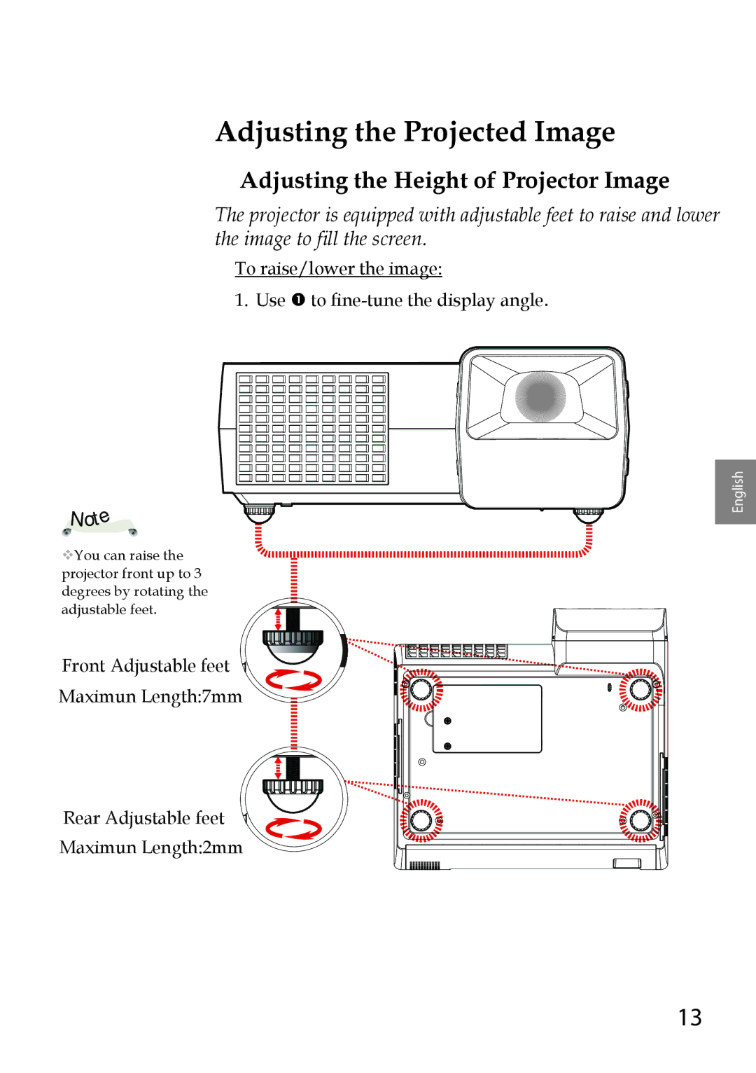 Sanyo PDG-DWL100 owner manual Adjusting the Projected Image, Adjusting the Height of Projector Image 