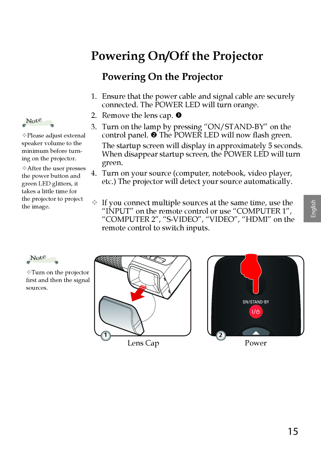 Sanyo PDG-DWL100 owner manual Powering On/Off the Projector, Powering On the Projector 