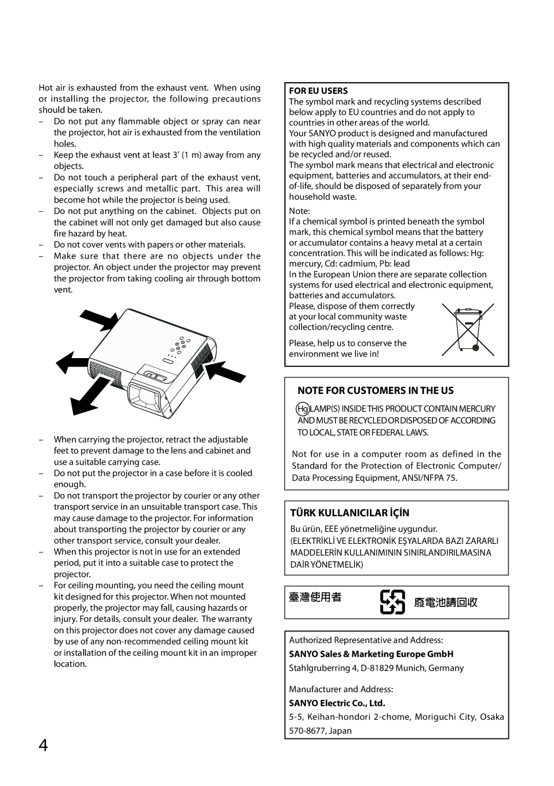 Sanyo PDG-DWL100 owner manual 臺灣使用者 廢電池請回收 